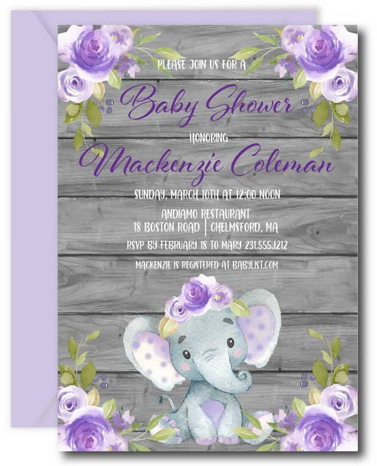 Purple Elephant Baby Shower Invitation