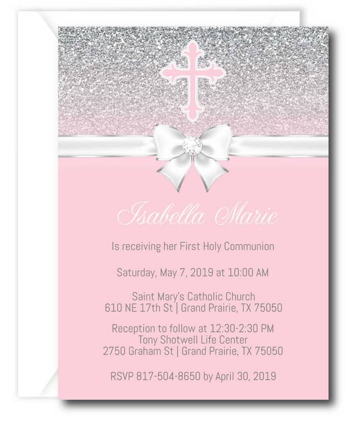 Silver and Pink First Communion Invitation