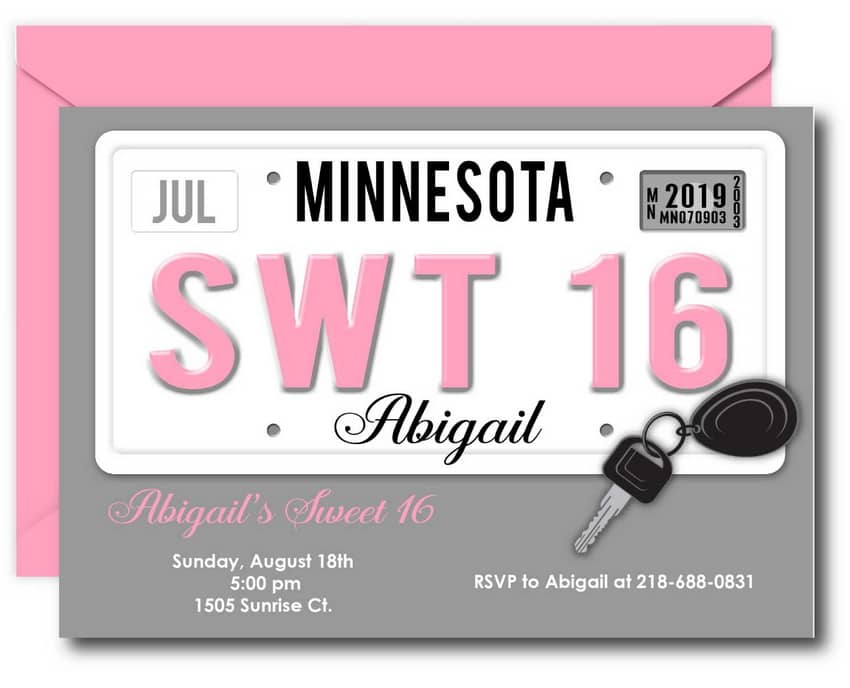 Sweet 16 License Plate Birthday Invitations