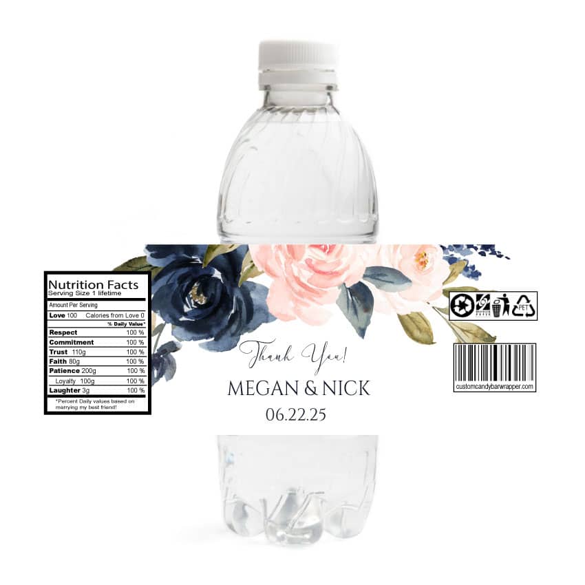Navy Blush Wedding Water Bottle Labels