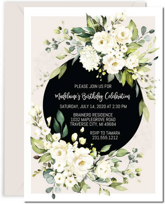 White Floral Birthday Invitations