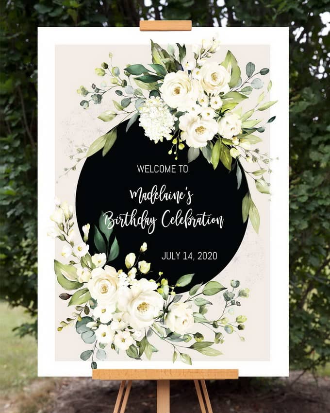 White Floral Birthday Welcome Sign